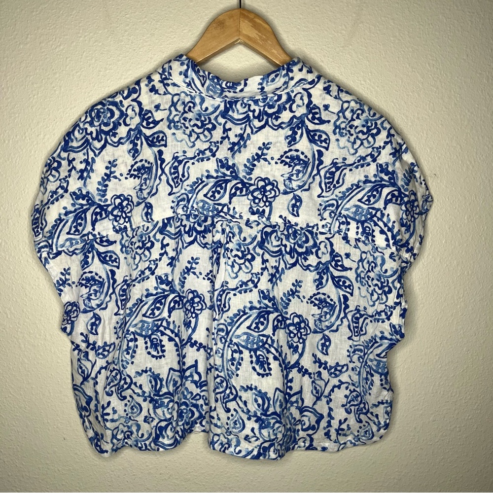 Caroline Constas European Blue White Short Cap Sleeve Boxy Fit Button Down Shirt - Picture 2 of 5